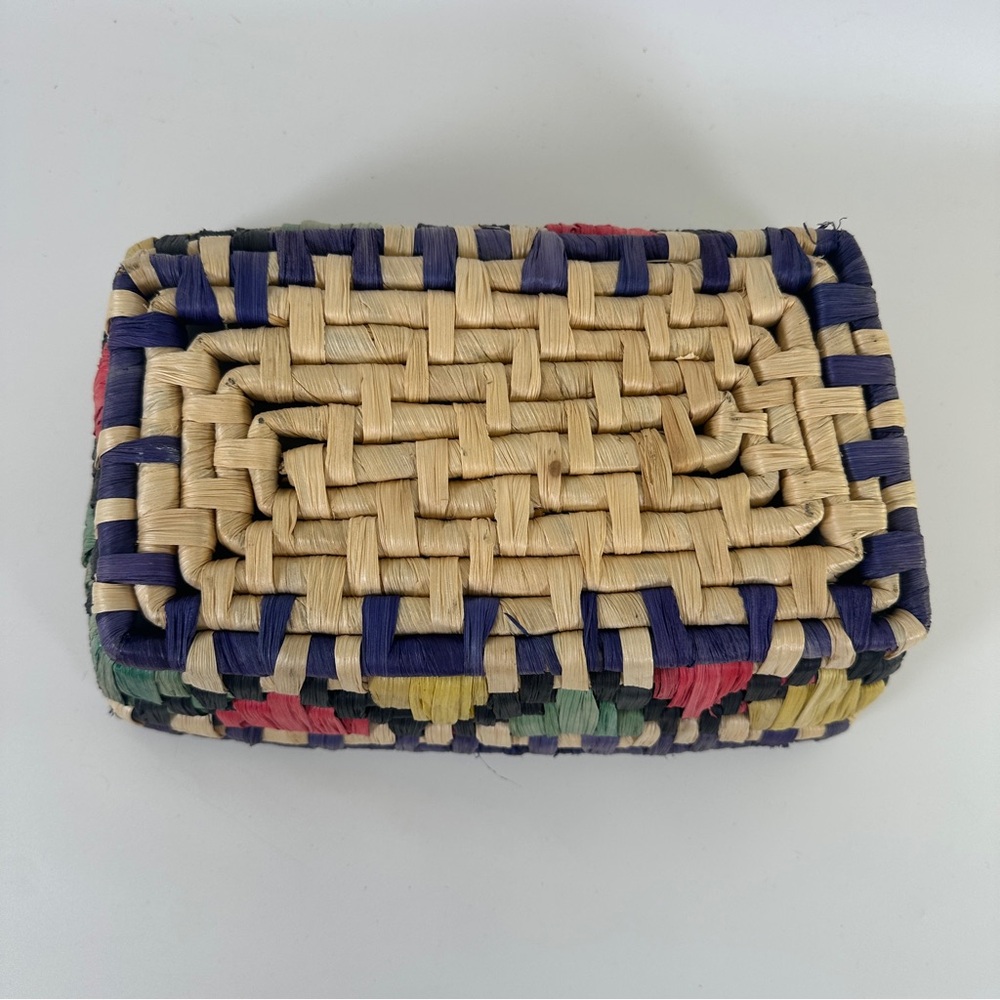 VTG Woven Straw Aztec Geometric Shallow Rectangular Basket Decor Handmade Raffia - Picture 4 of 7